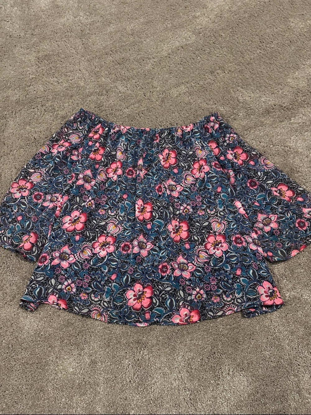 Floral Off-Shoulder Mini Skirt in Navy with Pink Bloom
